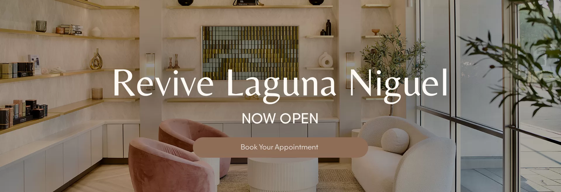 Lobby of Revive Laguna Niguel with text inviting people to book an appointment